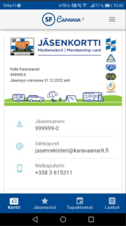 Kuva SF-Caravanin sähköisestä jäsenkortista, Karavaanarin mobiilin etusivusta