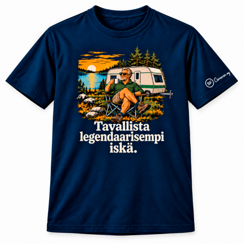 Navy T-paita matkailuvaunu-painatuksella