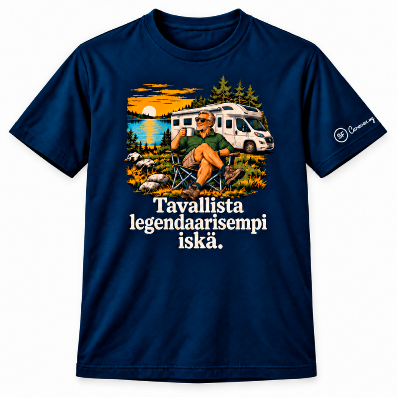Navy T-paita matkailuauto-painatuksella