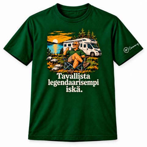 Metsänvihreä T-paita matkailuauto-painatuksella