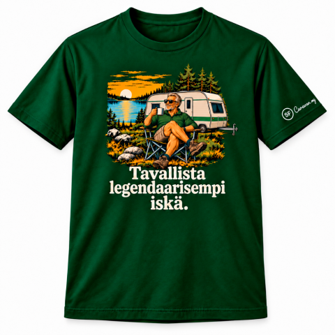 Metsänvihreä T-paita matkailuvaunu-painatuksella