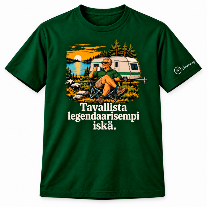 Metsänvihreä T-paita matkailuvaunu-painatuksella